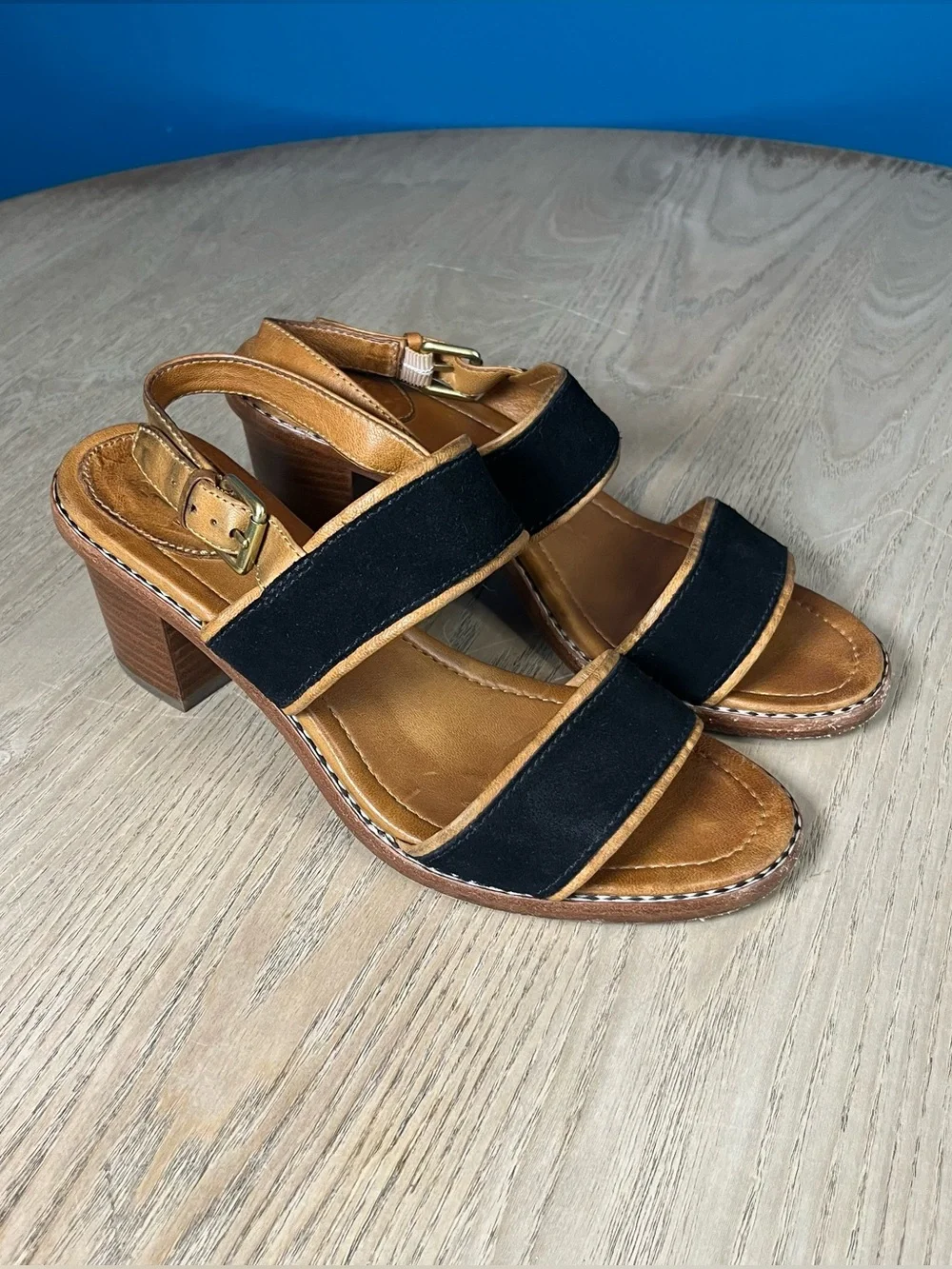 Frye Women’s Black Tan Two-Band Block Heel Slingback Leather Sandals Size 7.5